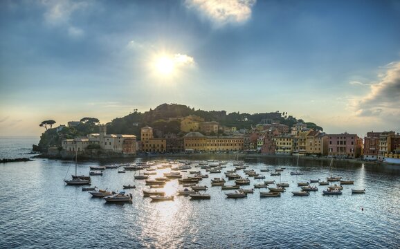 View of harbour in Baia del Silenzio, Sestri Levante, Province of Genoa, Riviera di Levante, Liguria, Italy