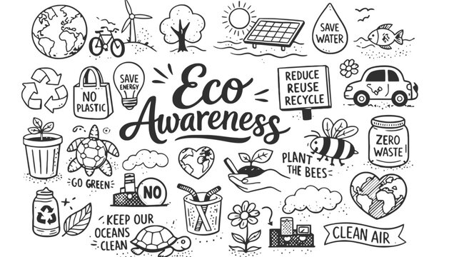 Eco awareness illustration with various environmental icons and slogans