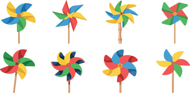 Colorful pinwheels arranged in a grid showcasing vibrant color combinations playful decorative toy vector illustration