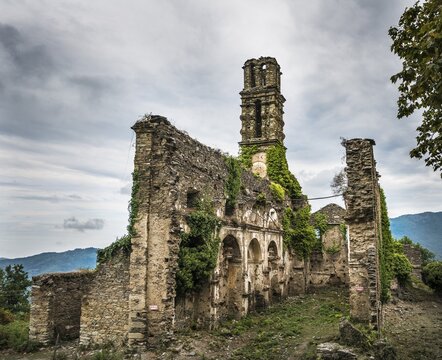 Former Franciscan Monastery of Orezza, ruins of a church in front of a dramatic sky, Valle di-Rostino, Haute-Corse, Corsica, France