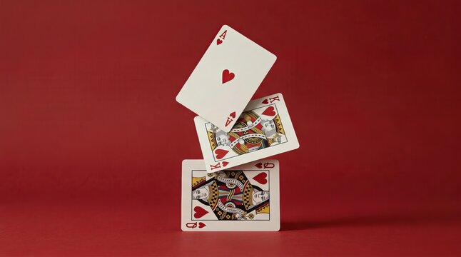 Stacked playing cards featuring ace and queens of hearts on a solid red background, card game strategy, queen of hearts