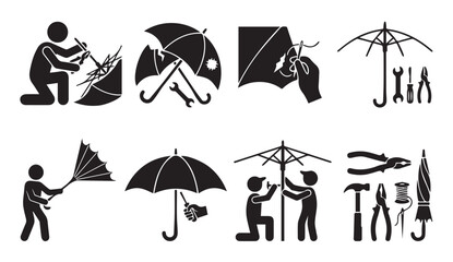 Illustrations of umbrella repair and maintenance activities © Vector Galaxy