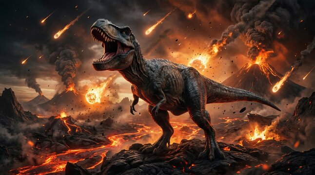 Tyrannosaurus rex roaring amidst a volcanic eruption and meteor shower, depicting the catastrophic end of the dinosaur era, t rex
