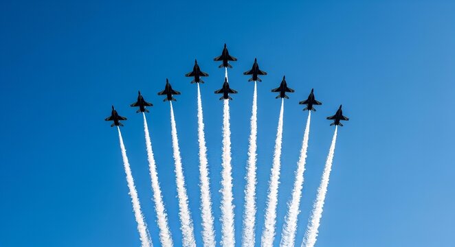 Formation of fighter jets flying in a v-shape against a clear blue sky, leaving white smoke trails, fighter jet