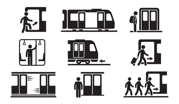 Illustrations of various public transportation boarding and safety procedures
