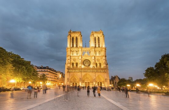Notre Dame Cathedral at dusk, interior, western facade, Ile de la Cite, Paris, Region Ile-de-France, France