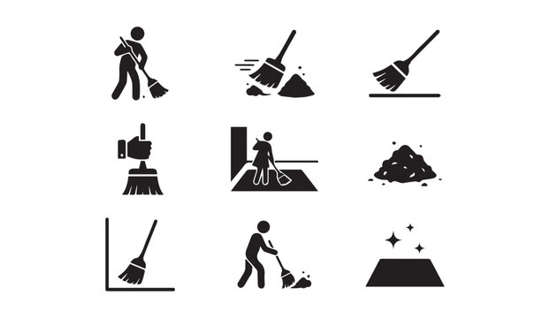 Illustrations of various broom cleaning actions and related symbols