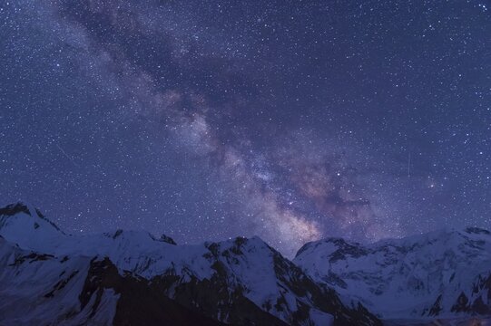 The Milky Way viewed from the Khan Tengri Base Camp, Central Tian Shan Mountain range, Border of Kyrgyzstan and China, Kyrgyzstan