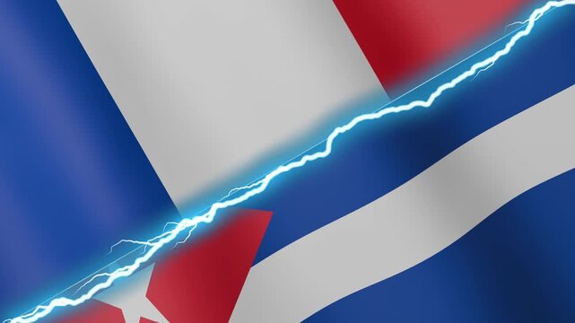 Two waving flags France and Cuba with diagonal lightning seamless, 4k loop