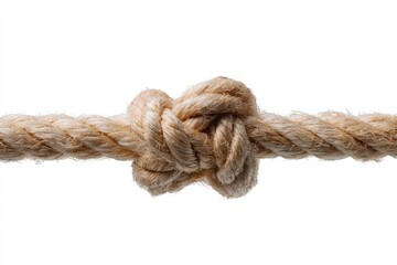Fototapeta premium Frayed rope knot secured on natural fiber rope white background