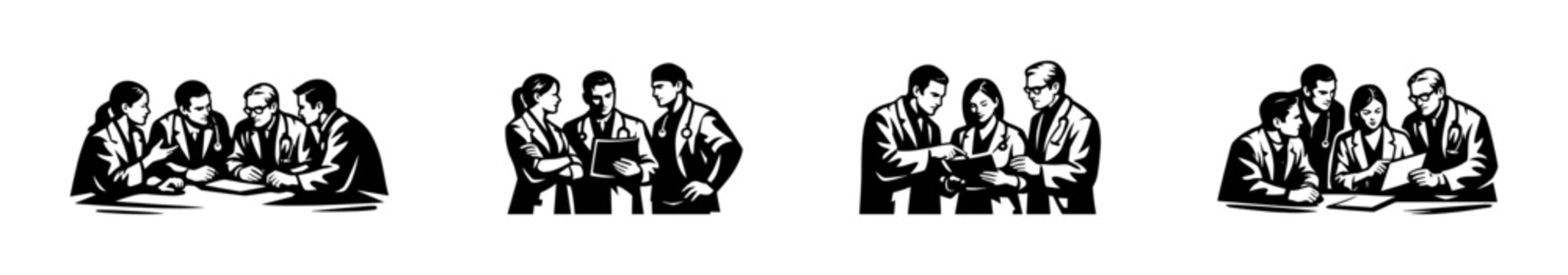 Black and white silhouette of medical professionals in team discussions vector illustration