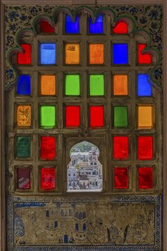 Window with colorfol glass inlay work, Mor Chowk or Peacock Courtyard, City Palace, Udaipur, Rajasthan, India