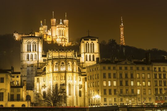 Basilica of Notre-Dame de Fourvi&egrave;re at night, Lyon, Rh&ocirc;ne-Alpes, France