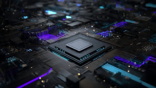 Intricate close-up of a central processing unit on an advanced circuit board with illuminated digital pathways, symbolizing high-speed data flow and cutting-edge computing technology