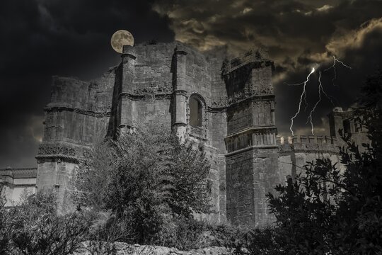 Full moon and lightning above the chapter house, Castle and Convent of the Order of Christ, Tomar, Santarem district, Portugal