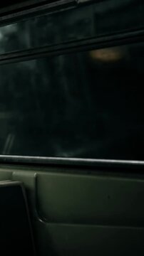 A train interior shows an empty seat next to a dark window. The scene captures a moment during travel inside the train while it is in motion or at rest.