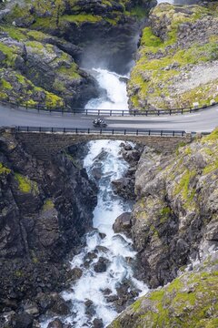 Bridge over Stigfossen waterfall, Trollstigen mountain road, near &Aring;ndalsnes, M&oslash;re og Romsdal, Vestland, Norway