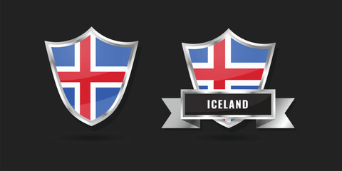 High-quality 3D metallic shield and ribbon featuring the national flag of Iceland, perfect for Nordic travel, arctic branding, and patriotic identity icons. © GraphixTreasure
