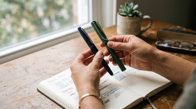 Person holds pens above open notebook