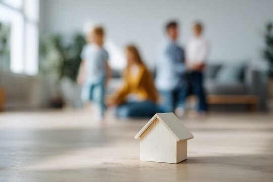 Small wooden house toy in foreground with blurred caucasian family male female adults and young children in cozy living room
