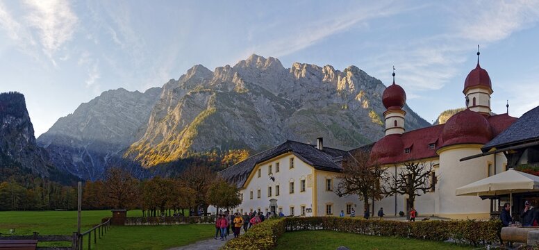 St.Bartholom&auml; with Watzmann East Wall, K&ouml;nigssee, Berchtesgarden National Park, Sch&ouml;nau am K&ouml;nigssee, Berchtesgaden, Bavaria, Germany