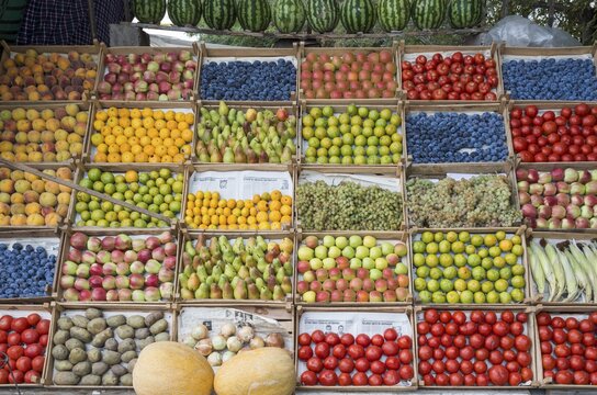 Roadside stand selling organic fruits exposed on armenian newspaper, Ararat Province, Armenia