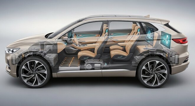 A modern car with its interior and exterior visible in a detailed cutaway view