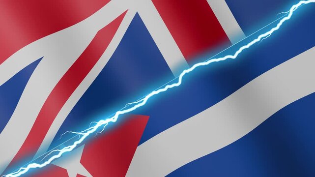 Two waving flags United Kingdom and Cuba with diagonal lightning seamless, 4k loop