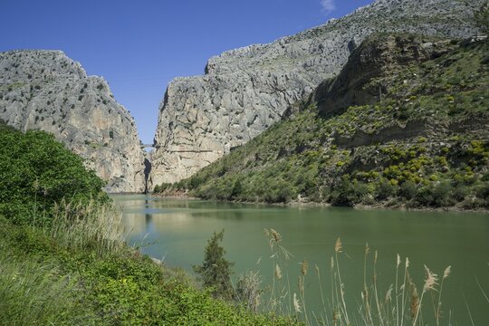 Rio Guadalhorce with Caminito del Rey via ferrata, Alora, Andalucia, Spain Canyon and Via Ferrata