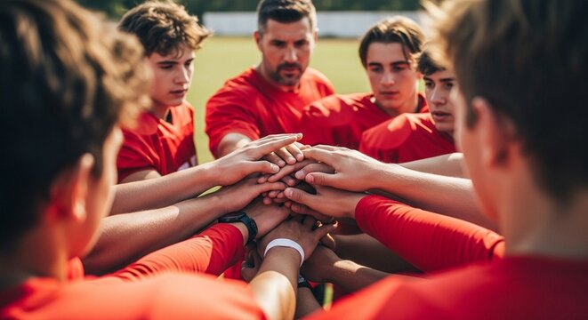 A group of young athletes and their coach stacking hands in a circle on a sports field