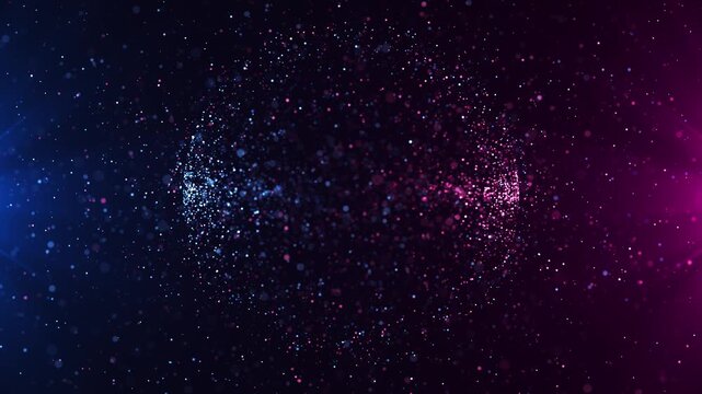 Glowing particle sphere forming a dynamic abstract shape with blue and pink tones on dark background. Futuristic animation ideal for technology, data visualization, and modern digital visuals.