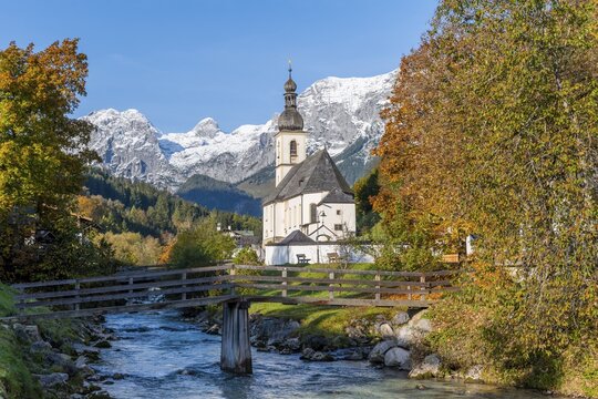 Parish church St. Sebastian with Ramsauer Ache, Ramsau, Berchtesgaden area, Bavaria, Germany