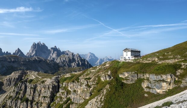 Auronzo alpine hut near the Three Peaks of Lavaredo, in the back Monte Campedelle and Col de le Bisse, Sexten Dolomites, South Tyrol, Trentino-South Tyrol, Alto-Adige, Italy