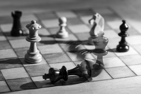 Chessboard with wooden chessmen, checkmate, king falls over, Germany