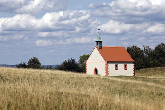 Dry grassland, St. Walpurgis Chapel on southern hilltop Walberla 513, 9m, Ehrenb&uuml;rg Mountain with Franconian Jura, Franconian Alps, Franconian Switzerland-Veldenstein Forest nature Park, Upper Franconia, Franconia, Bavaria, Germany