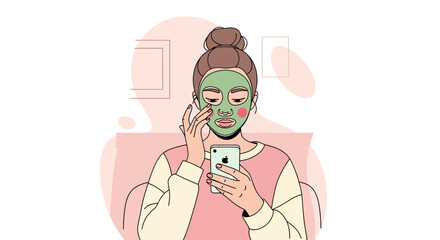 Fototapeta premium Young woman applying face mask while using smartphone, self-care routine, digital detox concept