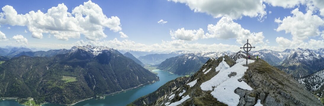 View of Achensee and Seekarspitze with summit cross, aerial view, Alps panorama, Tyrol, Austria