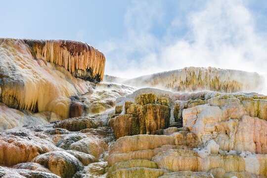 Sinter terraces, hot springs, mineral deposits, Palette Springs, Lower Terraces, Mammoth Hot Springs, Yellowstone National Park, Wyoming, USA