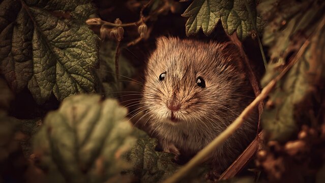 Close-up of a cute vole peeking from green foliage, natural habitat