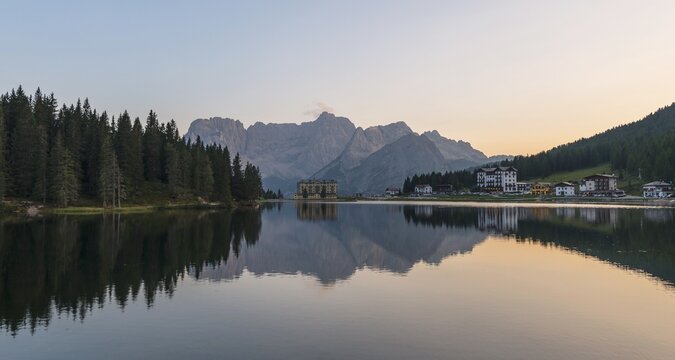 Lake Misurina at sunset, behind medical clinic Istituto Pio XII, Sorapis mountain group, Dolomites, South Tyrol, Bolzano, Italy