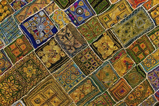 Colourful traditional wall hanging from Rajasthan, inlaid with small mirrors, Rajasthan, India