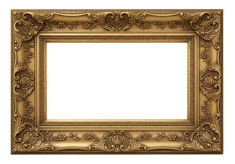 Obraz premium An ornate rectangular vintage gold picture frame featuring intricate floral and scrollwork details