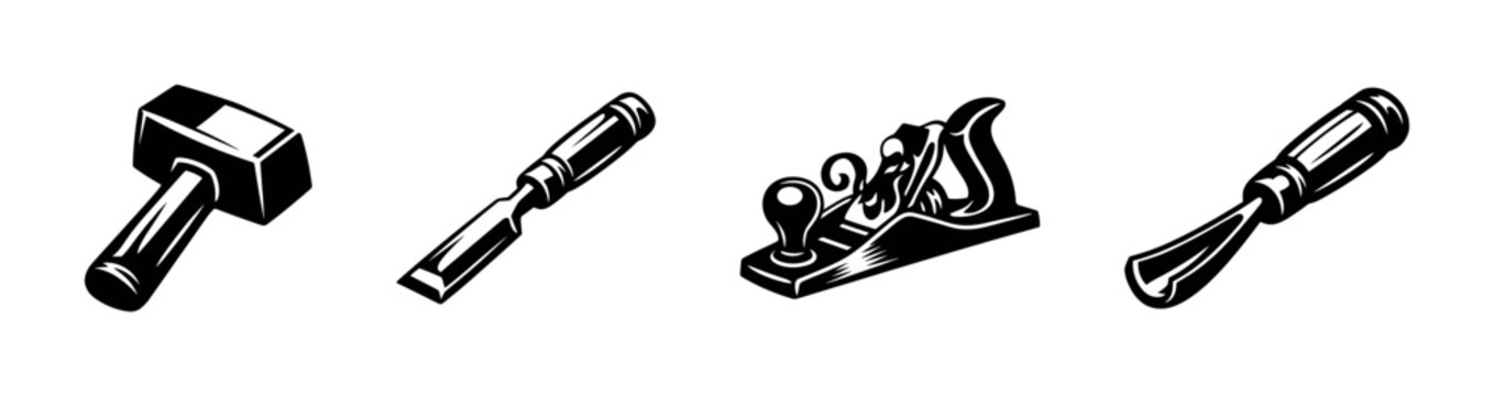 Black and white vintage carpentry tools silhouette illustration with hammer chisel wood plane