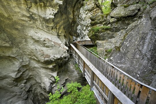 Wooden footbridge through the Gorner Gorge, Zermatt, Canton Valais, Switzerland
