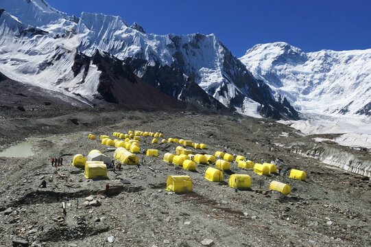 Aerial view of the Khan Tengri Base Camp installed on the Engilcheck glacier moraine, Central Tian Shan Mountain Range, Border of Kyrgyzstan and China, Kyrgyzstan, Asia