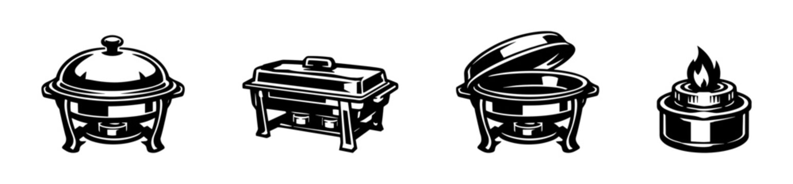 Vintage buffet equipment, chafing dishes and fuel in black and white silhouette style illustration