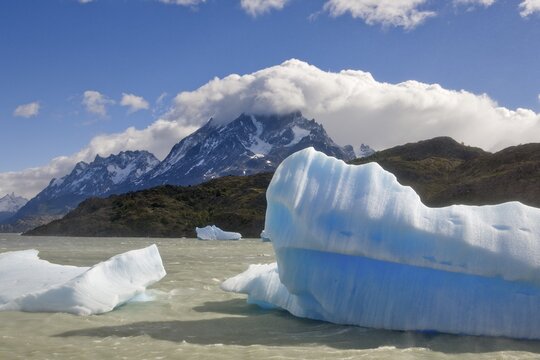 Icebergs and Torres del Paine Grande peaks seen from Logo Grey, Torres del Paine National Park, Patagonia, Chile, South America