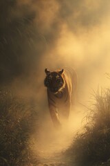 Fototapeta premium Tiger walking in misty jungle path during golden hour