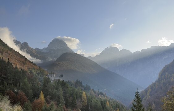 Castle ruins and Mt Mangart, 2677m, Predil Pass, Triglav National Park, Slovenia, Europe