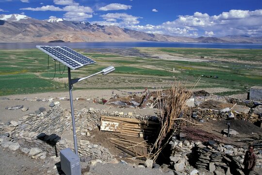 Solar panel, Korzok, Karzok or Kurzok at Tso Moriri, Ladakh, Indian Himalayas, Changthang, Jammu and Kashmir, North India, India, Asia